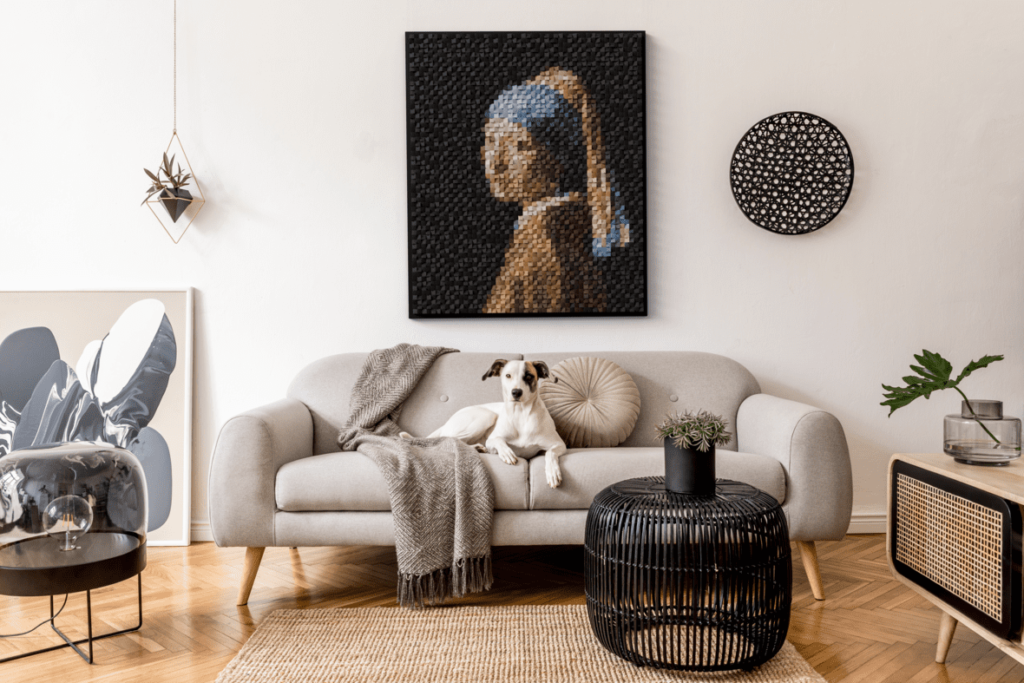 GIRL WITH A PEARL EARRING in the pixel artword Wall, pixelated wood art, sound diffusers